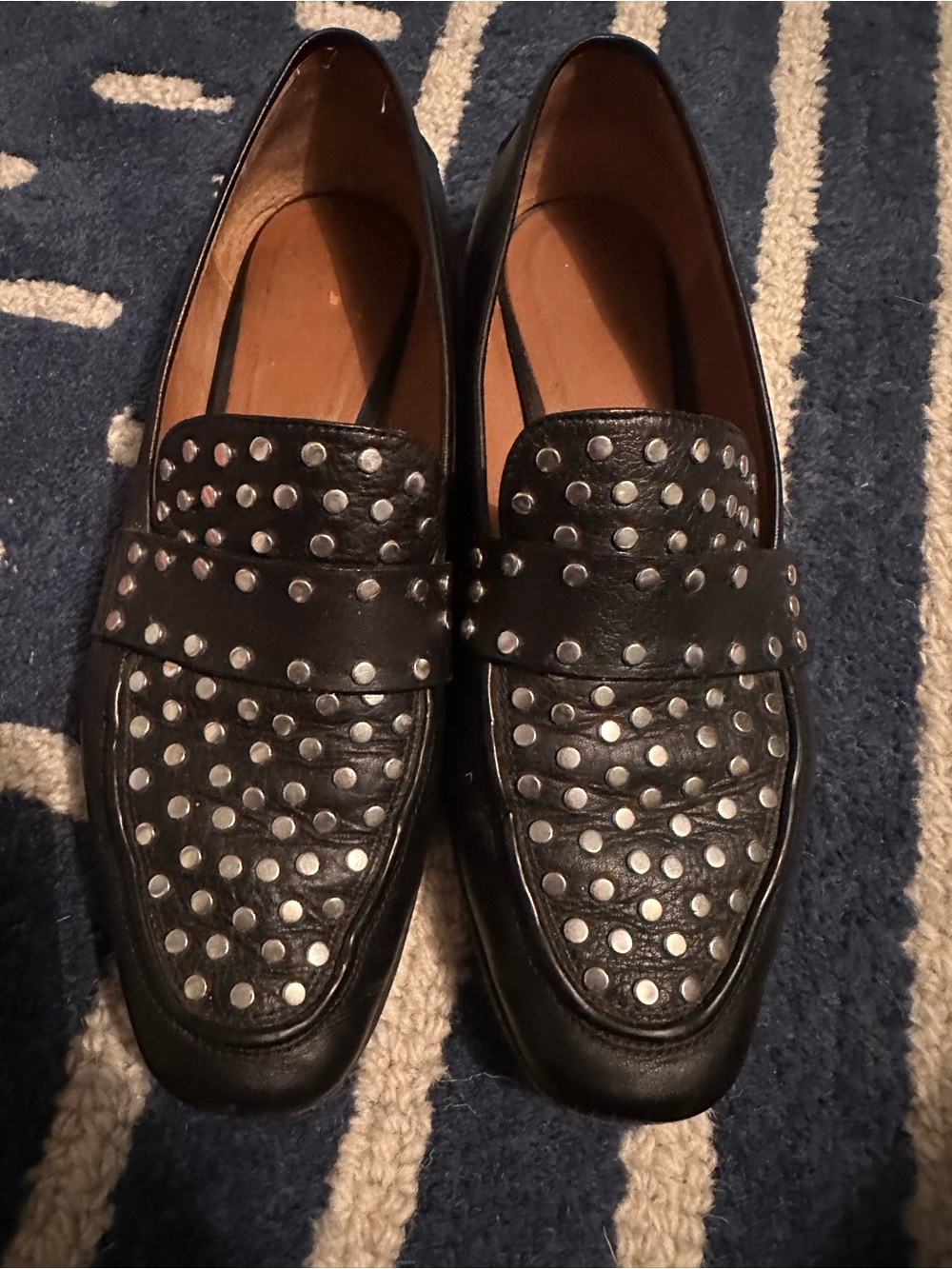 EMPORIO ARMANI Black Studded Leather Loafers. Size 7.5.